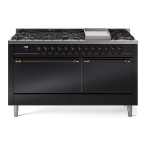 ILVE Nostalgie II 60-Inch Dual Fuel Range with 9 Sealed Burners + Griddle, 5.8 cu. ft. Oven, Glossy Black with Burnished Trim, Natural Gas, Solid Door, UP60FQNMPBKB