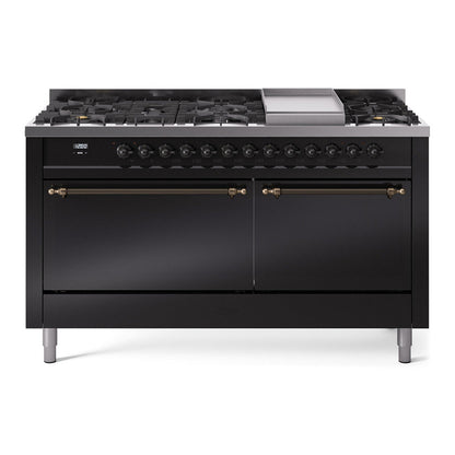 ILVE Nostalgie II 60-Inch Dual Fuel Range with 9 Sealed Burners + Griddle, 5.8 cu. ft. Oven, Glossy Black with Burnished Trim, Natural Gas, Solid Door, UP60FQNMPBKB