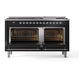 ILVE Nostalgie II 60-Inch Dual Fuel Range with 9 Sealed Burners + Griddle, 5.8 cu. ft. Oven, Glossy Black with Chrome Trim, Liquid Propane, Solid Door, UP60FQNMPBKCLP