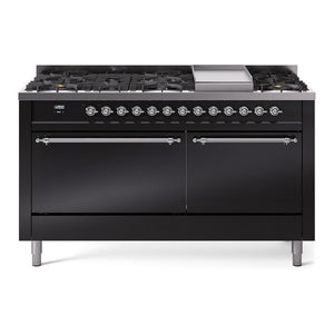 ILVE Nostalgie II 60-Inch Dual Fuel Range with 9 Sealed Burners + Griddle, 5.8 cu. ft. Oven, Glossy Black with Chrome Trim, Natural Gas, Solid Door, UP60FQNMPBKC