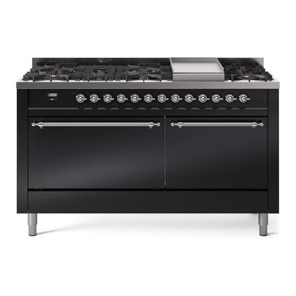 ILVE Nostalgie II 60-Inch Dual Fuel Range with 9 Sealed Burners + Griddle, 5.8 cu. ft. Oven, Glossy Black with Chrome Trim, Natural Gas, Solid Door, UP60FQNMPBKC