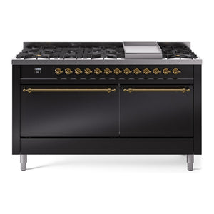 ILVE Nostalgie II 60-Inch Dual Fuel Range with 9 Sealed Burners + Griddle, 5.8 cu. ft. Oven, Glossy Black with Brass Trim, Natural Gas, Solid Door, UP60FQNMPBKG