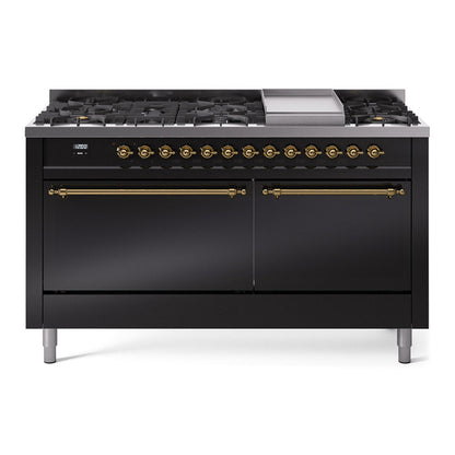 ILVE Nostalgie II 60-Inch Dual Fuel Range with 9 Sealed Burners + Griddle, 5.8 cu. ft. Oven, Glossy Black with Brass Trim, Natural Gas, Solid Door, UP60FQNMPBKG