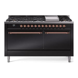 ILVE Nostalgie II 60-Inch Dual Fuel Range with 9 Sealed Burners + Griddle, 5.8 cu. ft. Oven, Glossy Black with Copper Trim, Natural Gas, Solid Door, UP60FQNMPBKP
