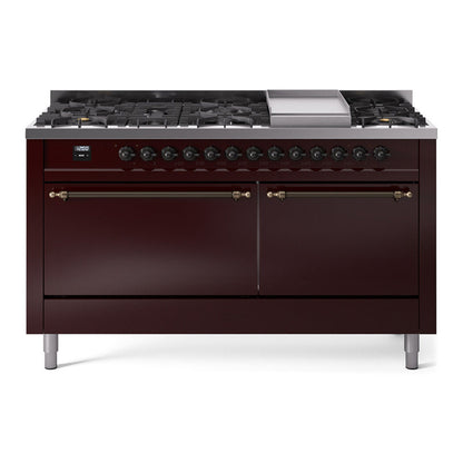 ILVE Nostalgie II 60-Inch Dual Fuel Range with 9 Sealed Burners + Griddle, 5.8 cu. ft. Oven, Burgundy with Burnished Trim, Liquid Propane, Solid Door, UP60FQNMPBUBLP