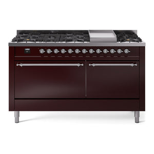 ILVE Nostalgie II 60-Inch Dual Fuel Range with 9 Sealed Burners + Griddle, 5.8 cu. ft. Oven, Burgundy with Chrome Trim, Natural Gas, Solid Door, UP60FQNMPBUC