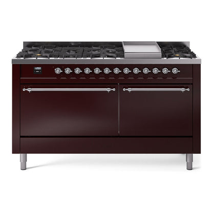 ILVE Nostalgie II 60-Inch Dual Fuel Range with 9 Sealed Burners + Griddle, 5.8 cu. ft. Oven, Burgundy with Chrome Trim, Natural Gas, Solid Door, UP60FQNMPBUC