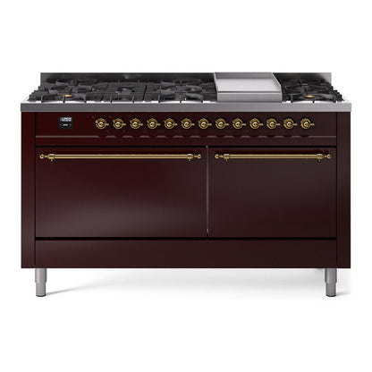 ILVE Nostalgie II 60-Inch Dual Fuel Range with 9 Sealed Burners + Griddle, 5.8 cu. ft. Oven, Burgundy with Brass Trim, Liquid Propane, Solid Door, UP60FQNMPBUGLP