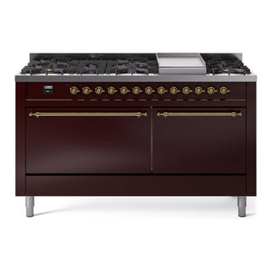 ILVE Nostalgie II 60-Inch Dual Fuel Range with 9 Sealed Burners + Griddle, 5.8 cu. ft. Oven, Burgundy with Brass Trim, Natural Gas, Solid Door, UP60FQNMPBUG
