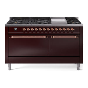 ILVE Nostalgie II 60-Inch Dual Fuel Range with 9 Sealed Burners + Griddle, 5.8 cu. ft. Oven, Burgundy with Copper Trim, Natural Gas, Solid Door, UP60FQNMPBUP