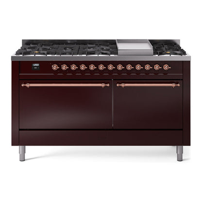 ILVE Nostalgie II 60-Inch Dual Fuel Range with 9 Sealed Burners + Griddle, 5.8 cu. ft. Oven, Burgundy with Copper Trim, Natural Gas, Solid Door, UP60FQNMPBUP