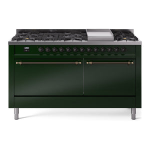ILVE Nostalgie II 60-Inch Dual Fuel Range with 9 Sealed Burners + Griddle, 5.8 cu. ft. Oven, Emerald Green with Burnished Trim, Natural Gas, Solid Door, UP60FQNMPEGB