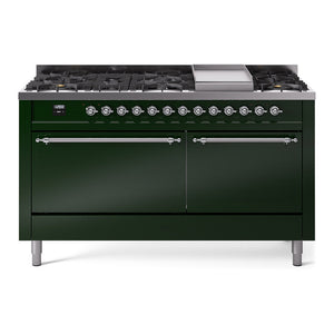 ILVE Nostalgie II 60-Inch Dual Fuel Range with 9 Sealed Burners + Griddle, 5.8 cu. ft. Oven, Emerald Green with Chrome Trim, Natural Gas, Solid Door, UP60FQNMPEGC