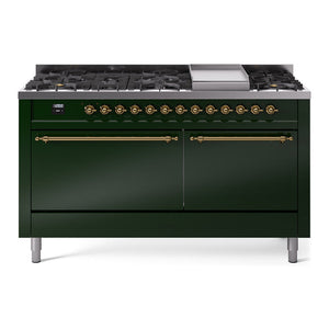 ILVE Nostalgie II 60-Inch Dual Fuel Range with 9 Sealed Burners + Griddle, 5.8 cu. ft. Oven, Emerald Green with Brass Trim, Natural Gas, Solid Door, UP60FQNMPEGG