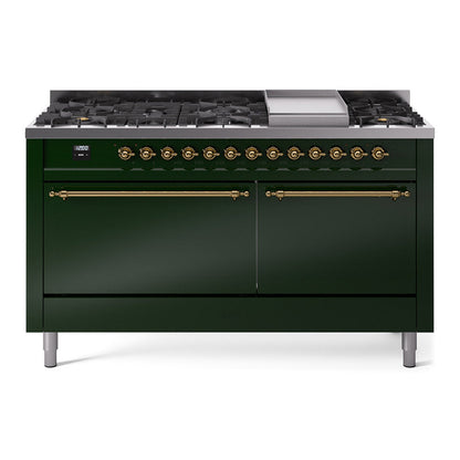 ILVE Nostalgie II 60-Inch Dual Fuel Range with 9 Sealed Burners + Griddle, 5.8 cu. ft. Oven, Emerald Green with Brass Trim, Natural Gas, Solid Door, UP60FQNMPEGG