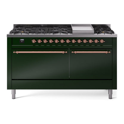 ILVE Nostalgie II 60-Inch Dual Fuel Range with 9 Sealed Burners + Griddle, 5.8 cu. ft. Oven, Emerald Green with Copper Trim, Liquid Propane, Solid Door, UP60FQNMPEGPLP