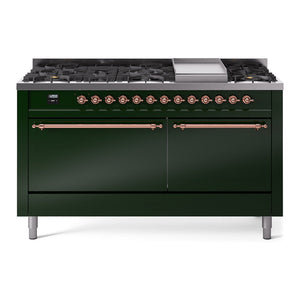ILVE Nostalgie II 60-Inch Dual Fuel Range with 9 Sealed Burners + Griddle, 5.8 cu. ft. Oven, Emerald Green with Copper Trim, Natural Gas, Solid Door, UP60FQNMPEGP