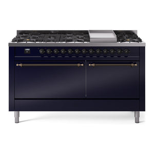 ILVE Nostalgie II 60-Inch Dual Fuel Range with 9 Sealed Burners + Griddle, 5.8 cu. ft. Oven, Midnight Blue with Burnished Trim, Natural Gas, Solid Door, UP60FQNMPMBB
