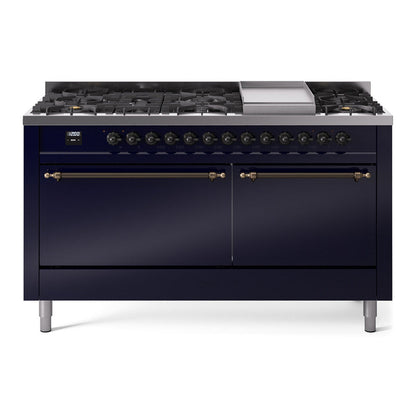 ILVE Nostalgie II 60-Inch Dual Fuel Range with 9 Sealed Burners + Griddle, 5.8 cu. ft. Oven, Midnight Blue with Burnished Trim, Natural Gas, Solid Door, UP60FQNMPMBB