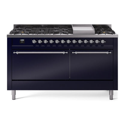 ILVE Nostalgie II 60-Inch Dual Fuel Range with 9 Sealed Burners + Griddle, 5.8 cu. ft. Oven, Midnight Blue with Chrome Trim, Liquid Propane, Solid Door, UP60FQNMPMBCLP