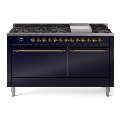 ILVE Nostalgie II 60-Inch Dual Fuel Range with 9 Sealed Burners + Griddle, 5.8 cu. ft. Oven, Midnight Blue with Brass Trim, Natural Gas, Solid Door, UP60FQNMPMBG