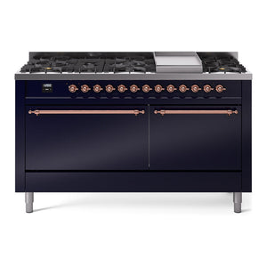 ILVE Nostalgie II 60-Inch Dual Fuel Range with 9 Sealed Burners + Griddle, 5.8 cu. ft. Oven, Midnight Blue with Copper Trim, Liquid Propane, Solid Door, UP60FQNMPMBPLP
