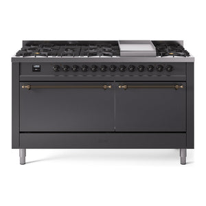 ILVE Nostalgie II 60-Inch Dual Fuel Range with 9 Sealed Burners + Griddle, 5.8 cu. ft. Oven, Graphite Matte with Burnished Trim, Natural Gas, Solid Door, UP60FQNMPMGB