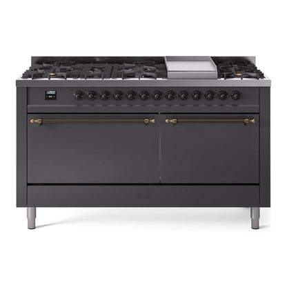 ILVE Nostalgie II 60-Inch Dual Fuel Range with 9 Sealed Burners + Griddle, 5.8 cu. ft. Oven, Graphite Matte with Burnished Trim, Natural Gas, Solid Door, UP60FQNMPMGB