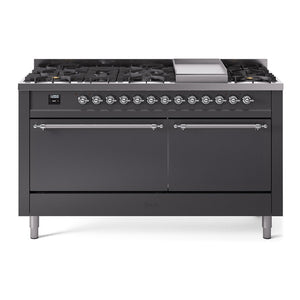 ILVE Nostalgie II 60-Inch Dual Fuel Range with 9 Sealed Burners + Griddle, 5.8 cu. ft. Oven, Graphite Matte with Chrome Trim, Liquid Propane, Solid Door, UP60FQNMPMGCLP
