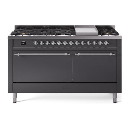 ILVE Nostalgie II 60-Inch Dual Fuel Range with 9 Sealed Burners + Griddle, 5.8 cu. ft. Oven, Graphite Matte with Chrome Trim, Liquid Propane, Solid Door, UP60FQNMPMGCLP