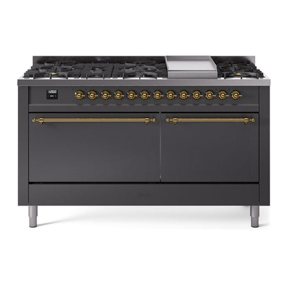 ILVE Nostalgie II 60-Inch Dual Fuel Range with 9 Sealed Burners + Griddle, 5.8 cu. ft. Oven, Graphite Matte with Brass Trim, Liquid Propane, Solid Door, UP60FQNMPMGGLP