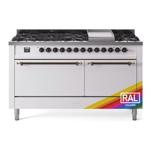 ILVE Nostalgie II 60-Inch Dual Fuel Range with 9 Sealed Burners + Griddle, 5.8 cu. ft. Oven, RAL with Burnished Trim, Liquid Propane, Solid Door, UP60FQNMPRABLP