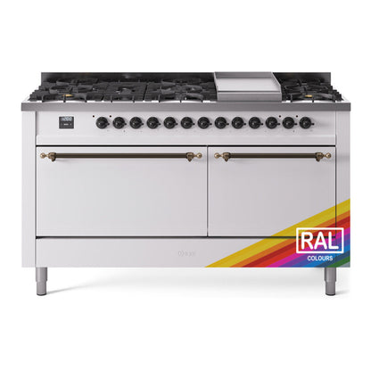 ILVE Nostalgie II 60-Inch Dual Fuel Range with 9 Sealed Burners + Griddle, 5.8 cu. ft. Oven, RAL with Burnished Trim, Liquid Propane, Solid Door, UP60FQNMPRABLP