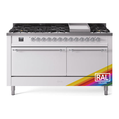 ILVE Nostalgie II 60-Inch Dual Fuel Range with 9 Sealed Burners + Griddle, 5.8 cu. ft. Oven, RAL with Chrome Trim, Natural Gas, Solid Door, UP60FQNMPRAC