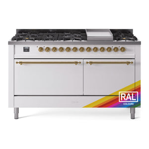 ILVE Nostalgie II 60-Inch Dual Fuel Range with 9 Sealed Burners + Griddle, 5.8 cu. ft. Oven, RAL with Brass Trim, Natural Gas, Solid Door, UP60FQNMPRAG