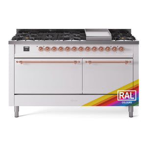 ILVE Nostalgie II 60-Inch Dual Fuel Range with 9 Sealed Burners + Griddle, 5.8 cu. ft. Oven, RAL with Copper Trim, Natural Gas, Solid Door, UP60FQNMPRAP