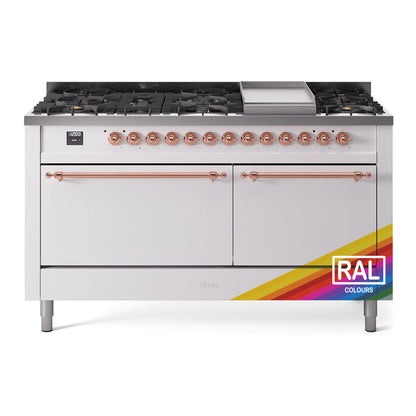 ILVE Nostalgie II 60-Inch Dual Fuel Range with 9 Sealed Burners + Griddle, 5.8 cu. ft. Oven, RAL with Copper Trim, Natural Gas, Solid Door, UP60FQNMPRAP