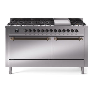 ILVE Nostalgie II 60-Inch Dual Fuel Range with 9 Sealed Burners + Griddle, 5.8 cu. ft. Oven, Stainless Steel with Burnished Trim, Liquid Propane, Solid Door, UP60FQNMPSSBLP