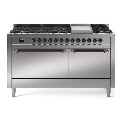 ILVE Nostalgie II 60-Inch Dual Fuel Range with 9 Sealed Burners + Griddle, 5.8 cu. ft. Oven, Stainless Steel with Burnished Trim, Natural Gas, Solid Door, UP60FQNMPSSB