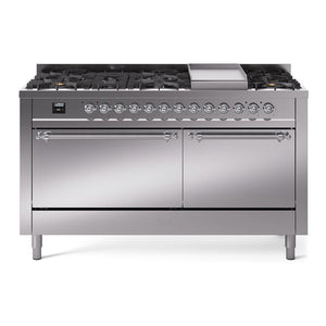 ILVE Nostalgie II 60-Inch Dual Fuel Range with 9 Sealed Burners + Griddle, 5.8 cu. ft. Oven, Stainless Steel with Chrome Trim, Liquid Propane, Solid Door, UP60FQNMPSSCLP