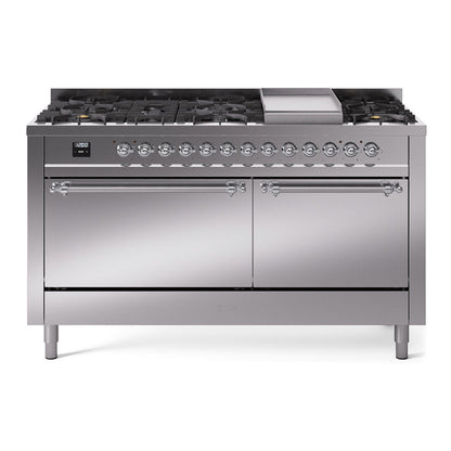 ILVE Nostalgie II 60-Inch Dual Fuel Range with 9 Sealed Burners + Griddle, 5.8 cu. ft. Oven, Stainless Steel with Chrome Trim, Liquid Propane, Solid Door, UP60FQNMPSSCLP