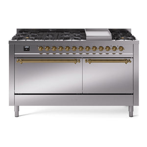 ILVE Nostalgie II 60-Inch Dual Fuel Range with 9 Sealed Burners + Griddle, 5.8 cu. ft. Oven, Stainless Steel with Brass Trim, Liquid Propane, Solid Door, UP60FQNMPSSGLP