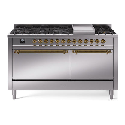ILVE Nostalgie II 60-Inch Dual Fuel Range with 9 Sealed Burners + Griddle, 5.8 cu. ft. Oven, Stainless Steel with Brass Trim, Liquid Propane, Solid Door, UP60FQNMPSSGLP