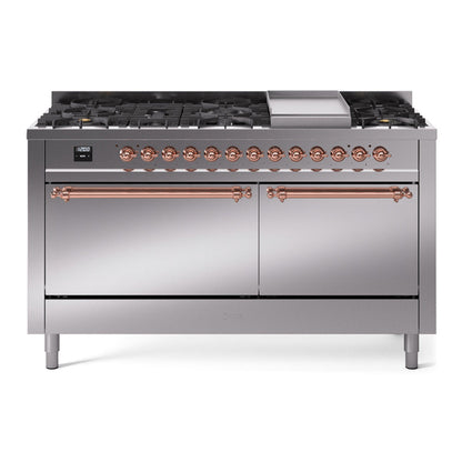 ILVE Nostalgie II 60-Inch Dual Fuel Range with 9 Sealed Burners + Griddle, 5.8 cu. ft. Oven, Stainless Steel with Copper Trim, Liquid Propane, Solid Door, UP60FQNMPSSPLP