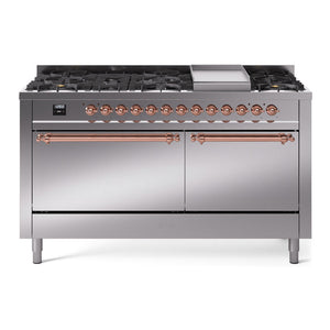 ILVE Nostalgie II 60-Inch Dual Fuel Range with 9 Sealed Burners + Griddle, 5.8 cu. ft. Oven, Stainless Steel with Copper Trim, Natural Gas, Solid Door, UP60FQNMPSSP