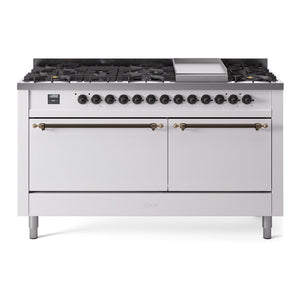 ILVE Nostalgie II 60-Inch Dual Fuel Range with 9 Sealed Burners + Griddle, 5.8 cu. ft. Oven, White with Burnished Trim, Liquid Propane, Solid Door, UP60FQNMPWHBLP