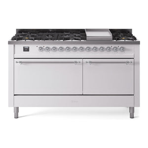 ILVE Nostalgie II 60-Inch Dual Fuel Range with 9 Sealed Burners + Griddle, 5.8 cu. ft. Oven, White with Chrome Trim, Natural Gas, Solid Door, UP60FQNMPWHC