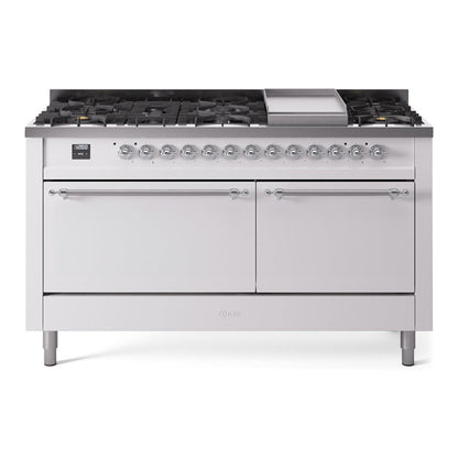 ILVE Nostalgie II 60-Inch Dual Fuel Range with 9 Sealed Burners + Griddle, 5.8 cu. ft. Oven, White with Chrome Trim, Natural Gas, Solid Door, UP60FQNMPWHC