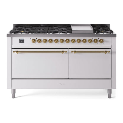 ILVE Nostalgie II 60-Inch Dual Fuel Range with 9 Sealed Burners + Griddle, 5.8 cu. ft. Oven, White with Brass Trim, Natural Gas, Solid Door, UP60FQNMPWHG