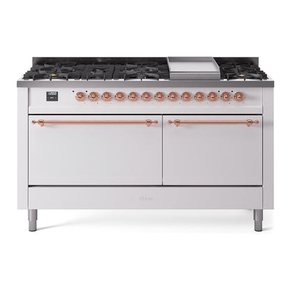 ILVE Nostalgie II 60-Inch Dual Fuel Range with 9 Sealed Burners + Griddle, 5.8 cu. ft. Oven, White with Copper Trim, Liquid Propane, Solid Door, UP60FQNMPWHPLP